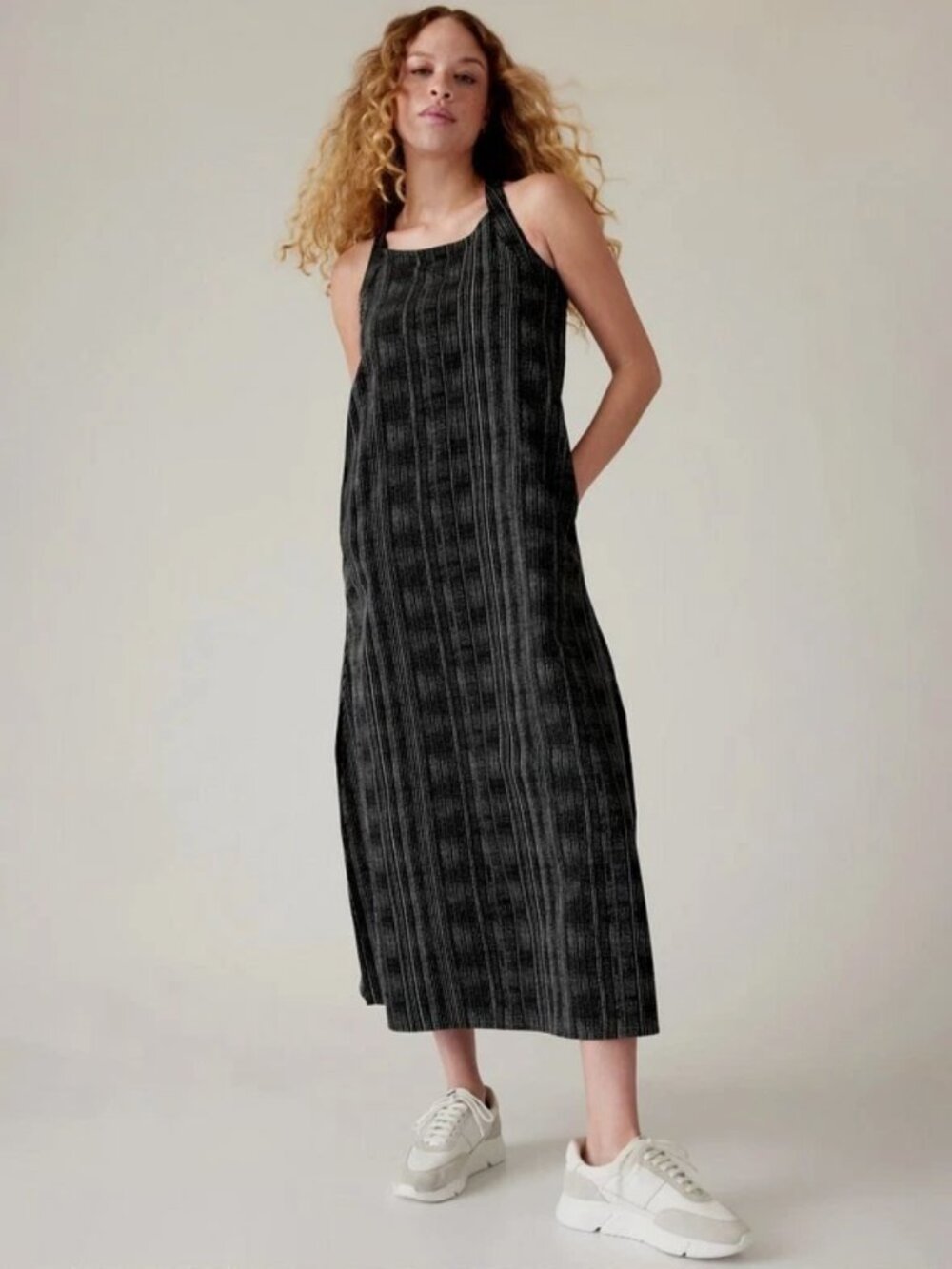 ATHLETA Arrival Cross Back Maxi Dress Amara Stripe Black White Women's XS Summer